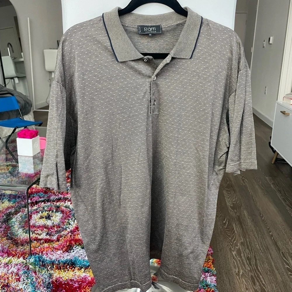 Raffi Made in Italy Textured Microdot Knit Polo Shirt Gray Navy Trim Size M